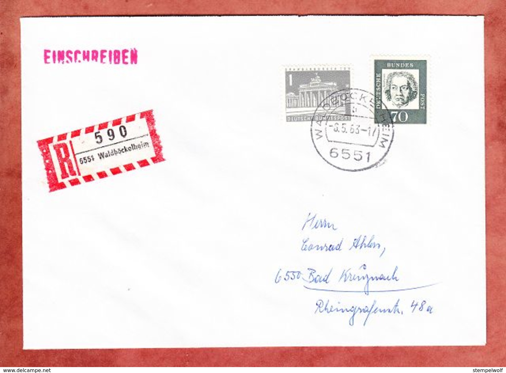 Einschreiben Reco, EF Beethoven, Beigeklebt Brandenburger Tor, Waldboeckelheim Nach Bad Kreuznach 1963 (34772) - Briefe U. Dokumente