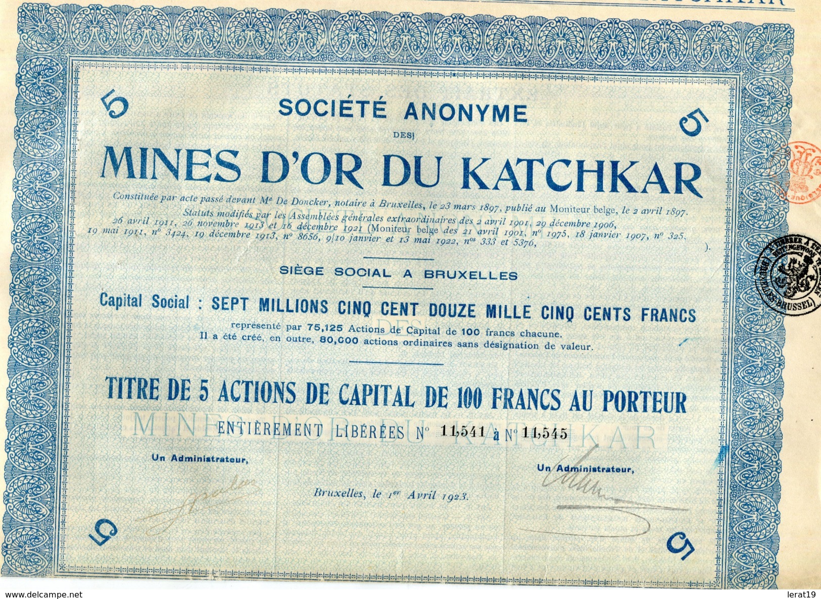 ACTIONS..TITRES...RUSSIE..MINE D'OR DU KATCHKAR...1923.. - P - R