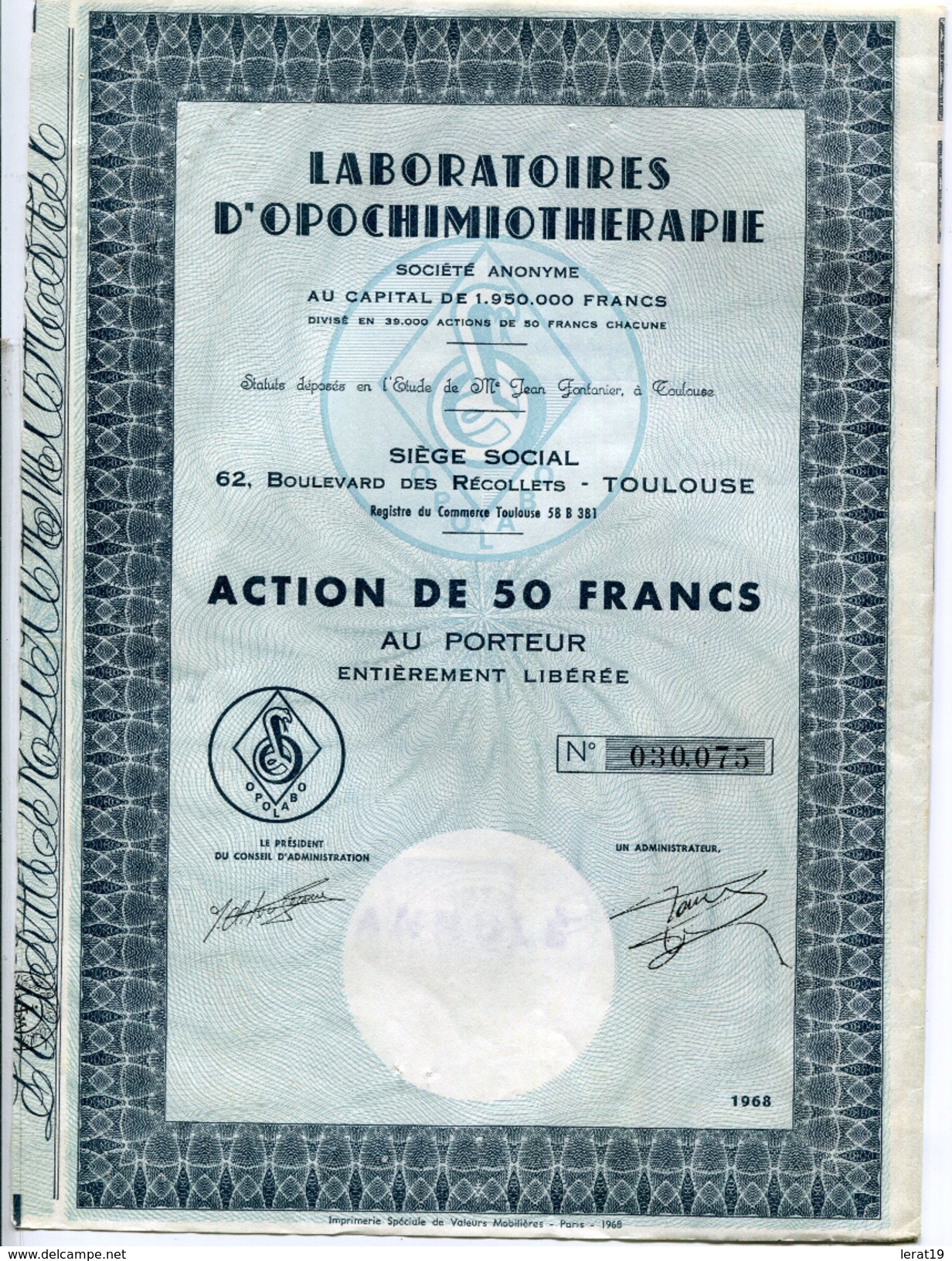 ACTIONS.TITRES...LABORATOIRES D'OPOCHIMIOTHERAPIE....1968.. - J - L