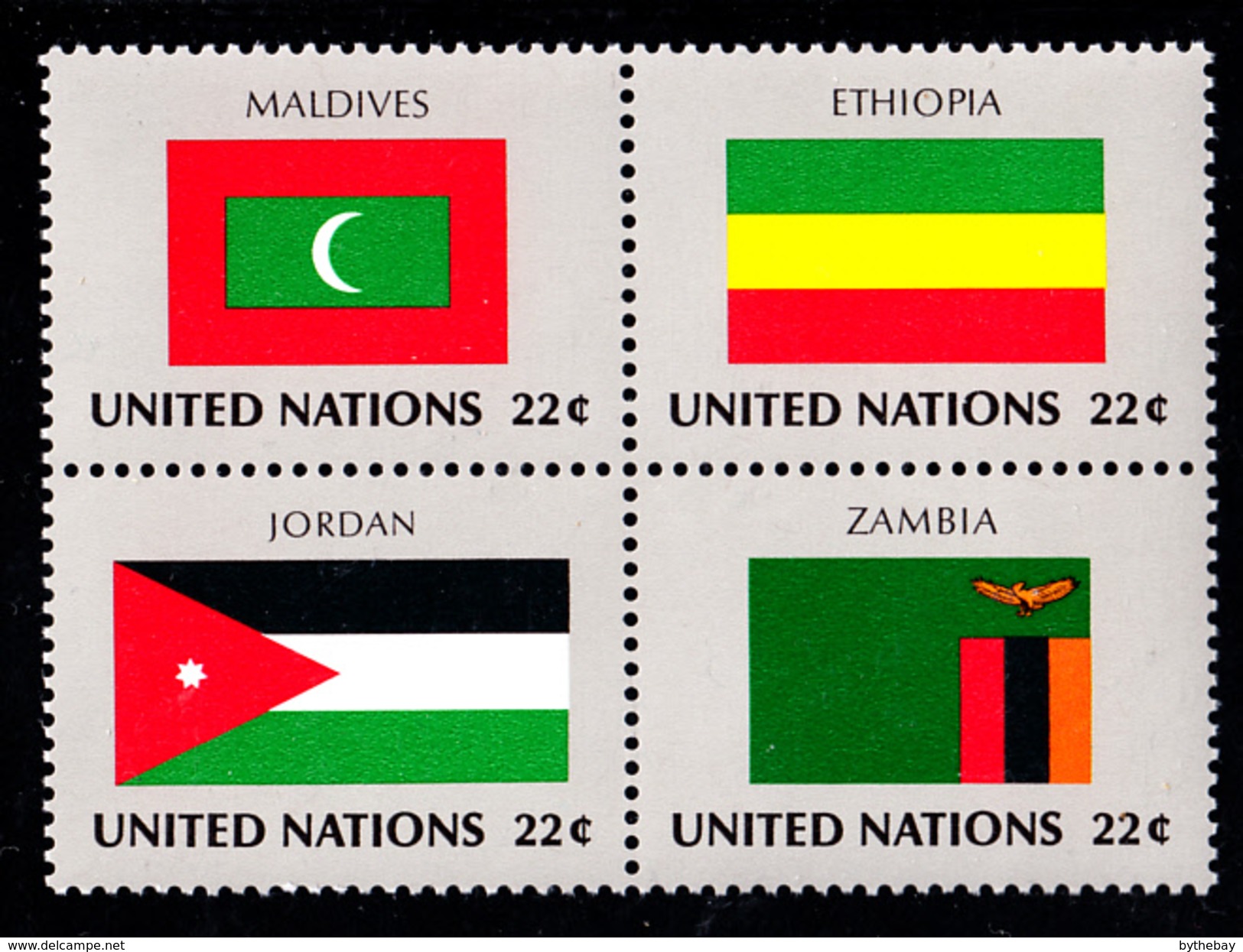 United Nations NY MNH 1986 Scott #484a Block Of 4 22c Flags: Maldives, Ethiopia, Jordan, Zambia - Neufs