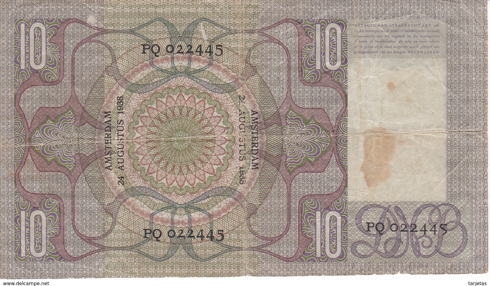 BILLETE DE HOLANDA DE 10 GULDEN DEL AÑO 1938 (BANKNOTE) - 10 Florín Holandés (gulden)