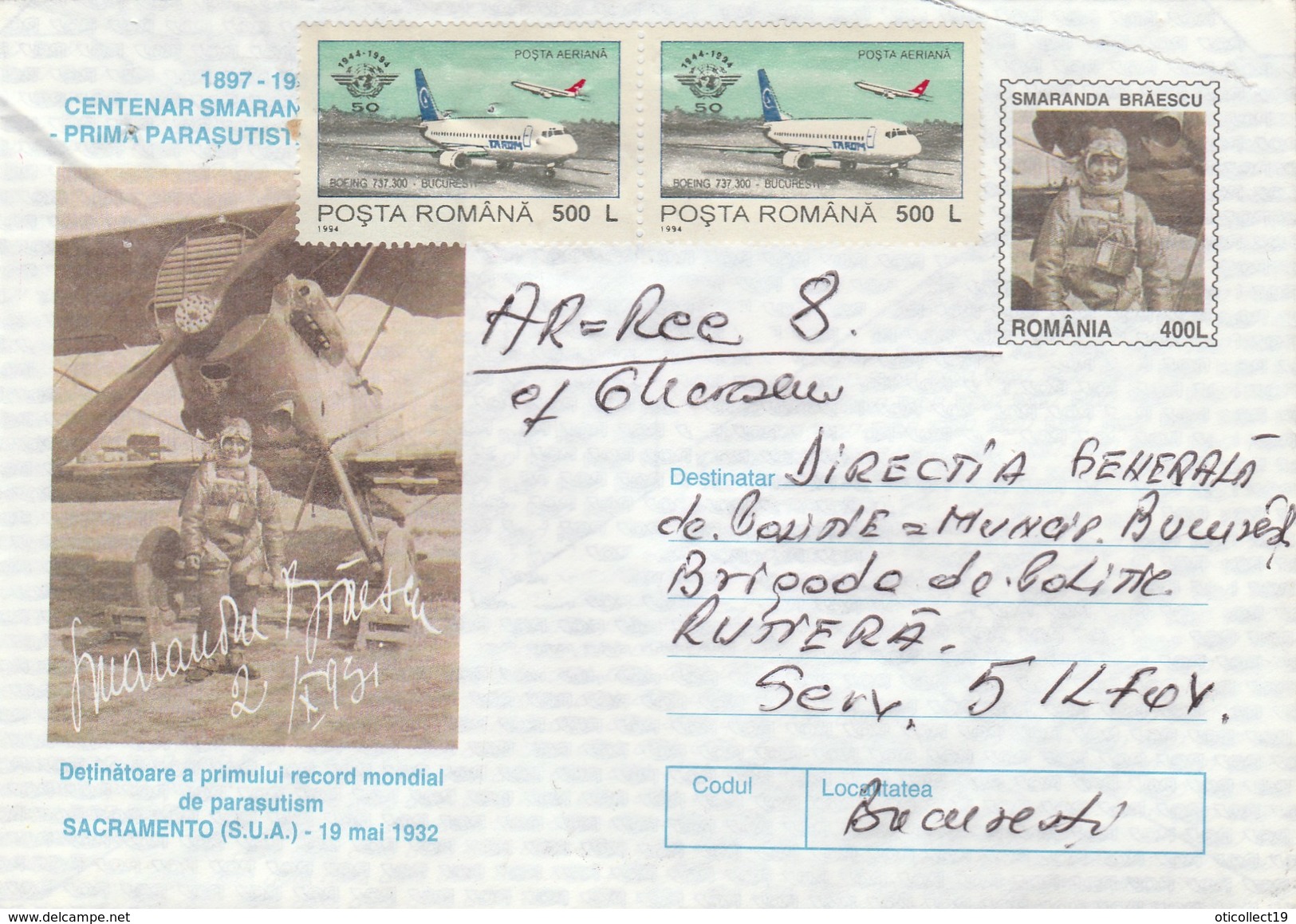 A80  FIRST RECORDS TO Parachuting SACRAMENTO U.S. 1932 ,COVERS STATIONERY 1997 ROMANIA. - Fallschirmspringen