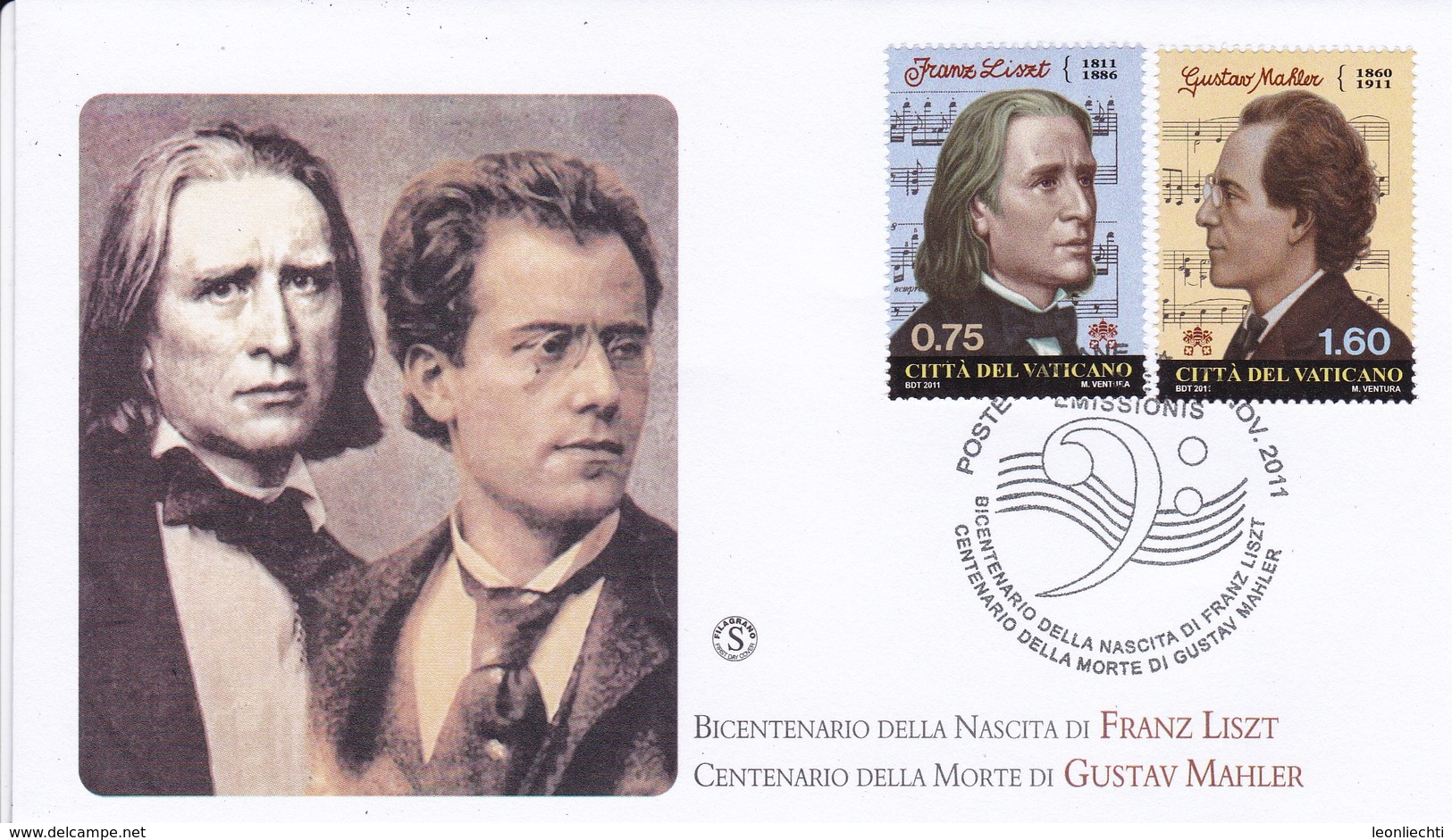 Vatikan, 2011. Deutschsprachige Komponisten: Mi: 1726 Liszt + 1727 Mahler - FDC