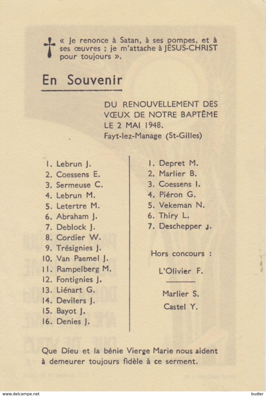 BELGIË/BELGIQUE:1948:Bidprentje/Image Pieuse Du Renouvellement  Des Voeux De Notre Baptême Le 2 Mai 1948 &ndash; FAYT-le - Religion & Esotericism