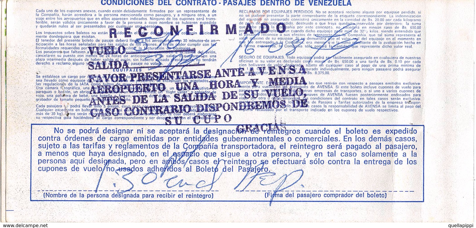 05397 "AVENSA  AEROVIAS VENEZOLANAS S.A. - PASSENGER TICKET N°169504 - DESTINAZIONI ILLEGGIBILI - 1979" ORIG. - Altri & Non Classificati