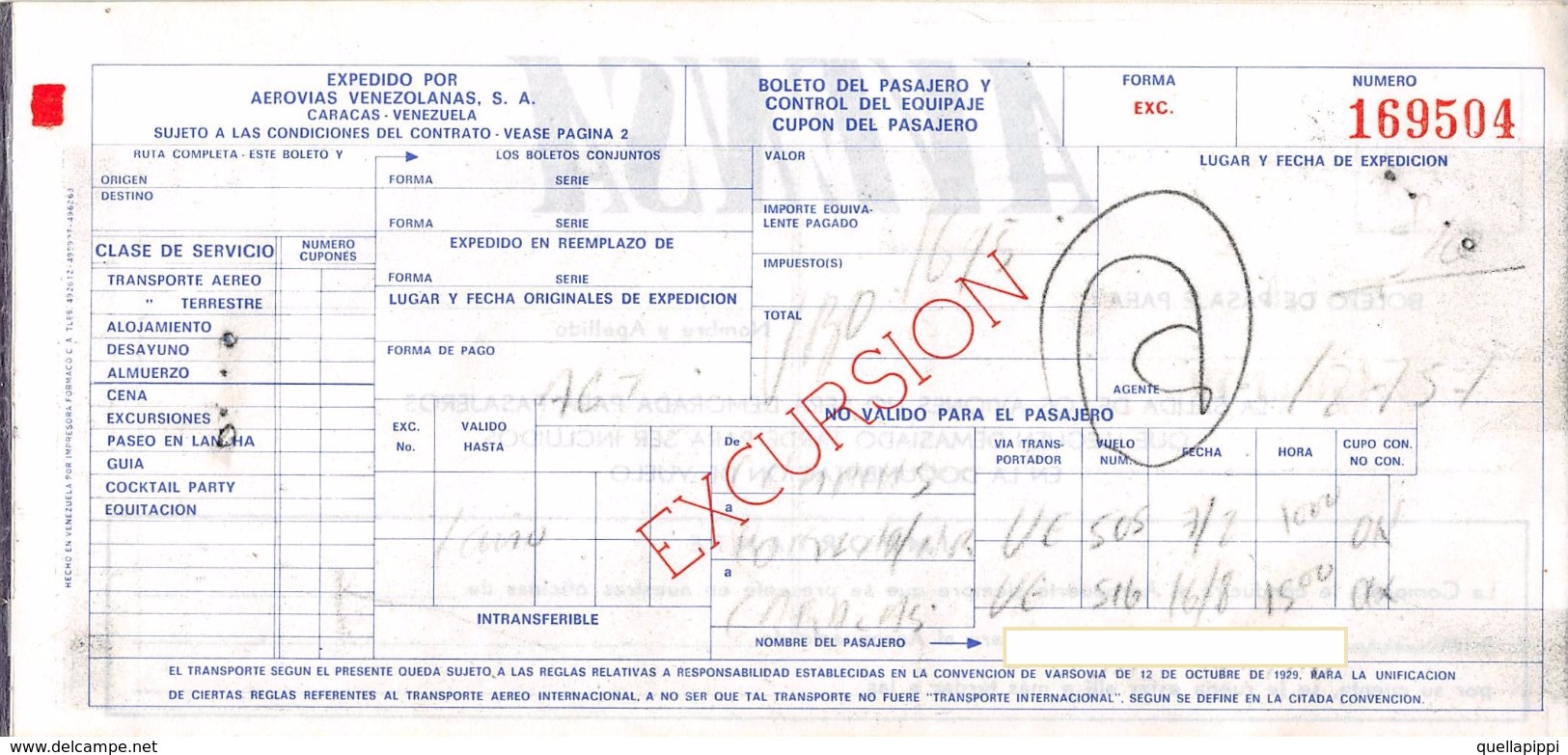 05397 "AVENSA  AEROVIAS VENEZOLANAS S.A. - PASSENGER TICKET N°169504 - DESTINAZIONI ILLEGGIBILI - 1979" ORIG. - Autres & Non Classés