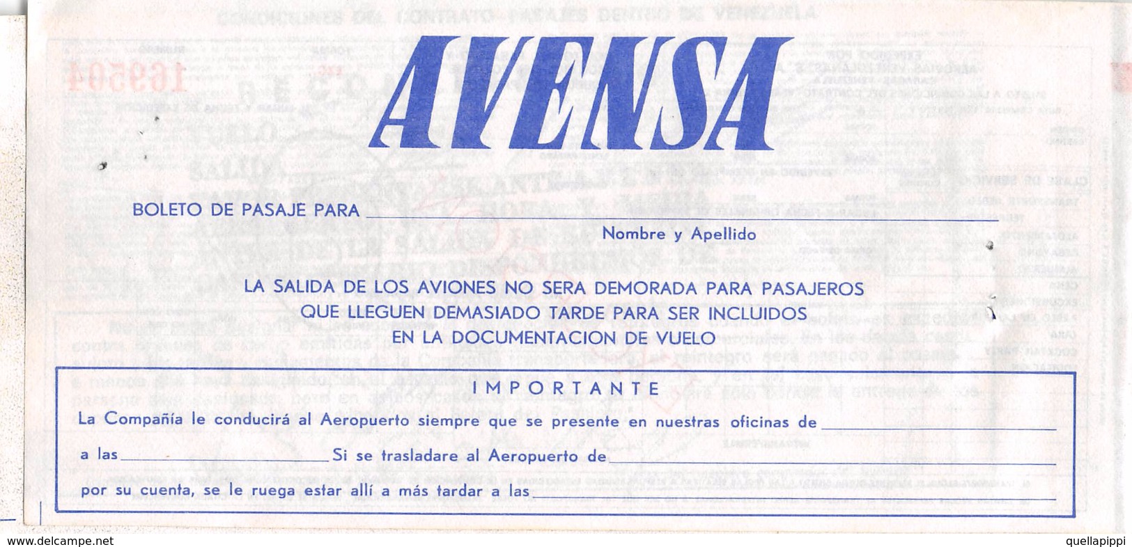 05397 "AVENSA  AEROVIAS VENEZOLANAS S.A. - PASSENGER TICKET N°169504 - DESTINAZIONI ILLEGGIBILI - 1979" ORIG. - Altri & Non Classificati