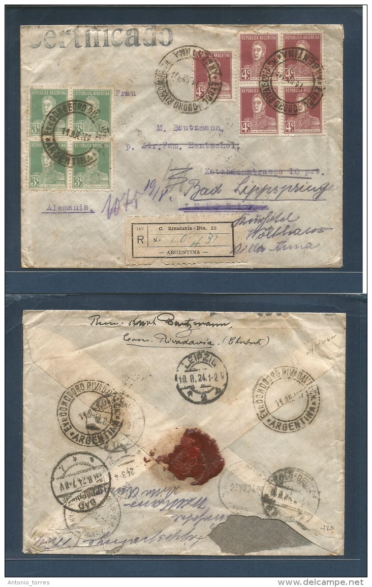 Argentina - Xx. 1924 (11 July) Comodoro Rivadavia - Germany, Leipzig (18 Ago) Registered Multifkd Envelope Including (x2 - Other & Unclassified