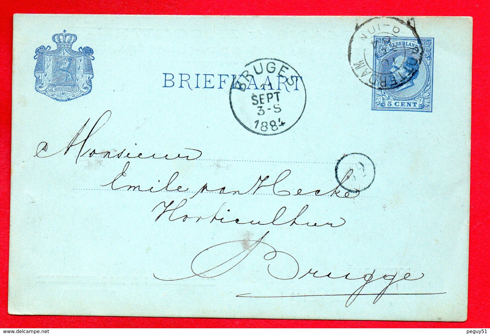 Pays-Bas. Entier P13 . (1881)  5 C Bleu  Rotterdam - Bruges Septembre  1884 - Entiers Postaux