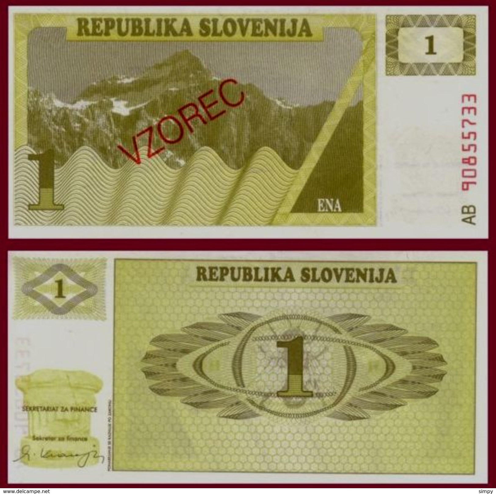 SLOVENIA: 1 Tolar 1990 Specimen Vzorec UNC  Prefix AB - Slovénie