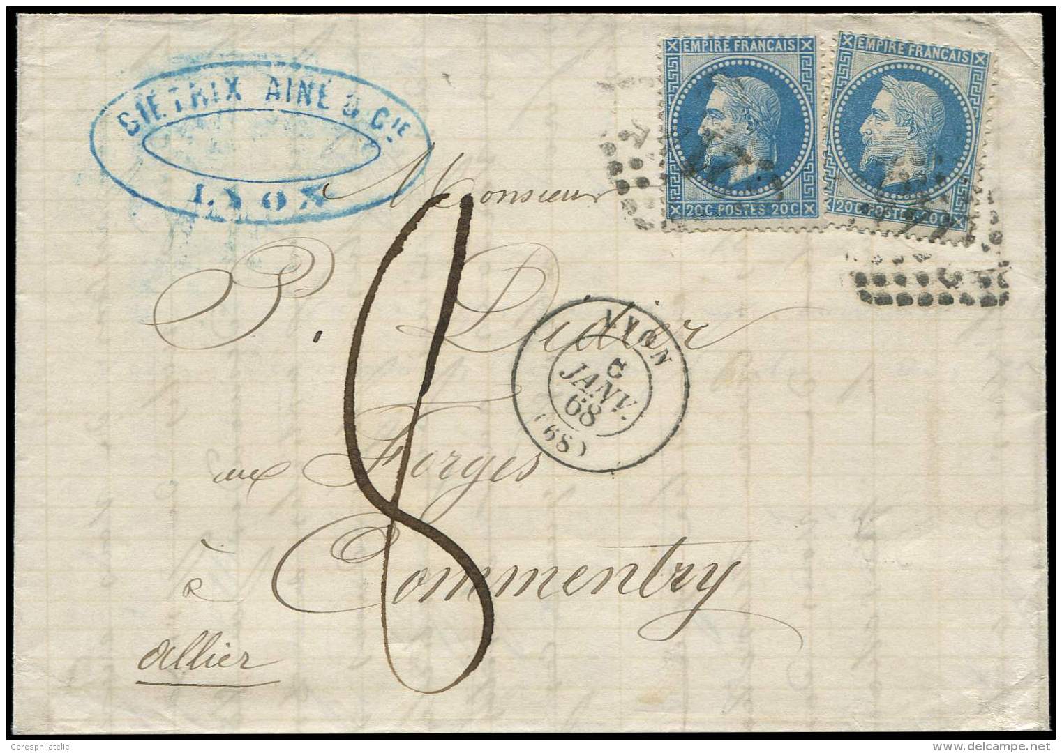 29A  20c. Bleu T I, 2 Ex. Obl. GC 2145 S. LAC, C&agrave;d LYON 6/1/68, Taxe 8 &agrave; La Plume, TB - Other & Unclassified