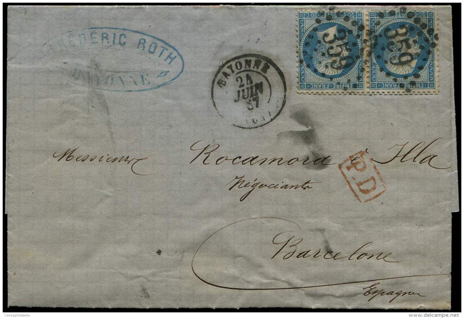 22   20c. Bleu, PAIRE Obl. GC 359 S. LAC, C&agrave;d T15 BAYONNE 24/6/57 + PD Rouge Local, Arriv&eacute;e BARCELONA, TB - Other & Unclassified