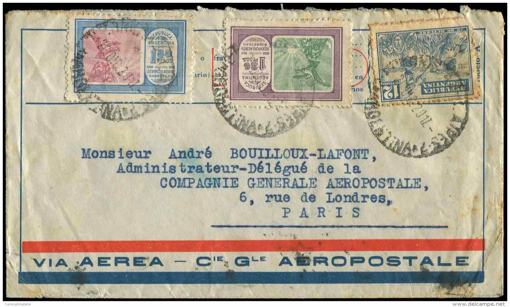 ARGENTINE 325, PA 17 Et 18 Obl. C&agrave;d Buenos-Aires 20/12/29 S. A&eacute;rogramme CGA, Arr. PARIS 30/12/29, TB - Other & Unclassified