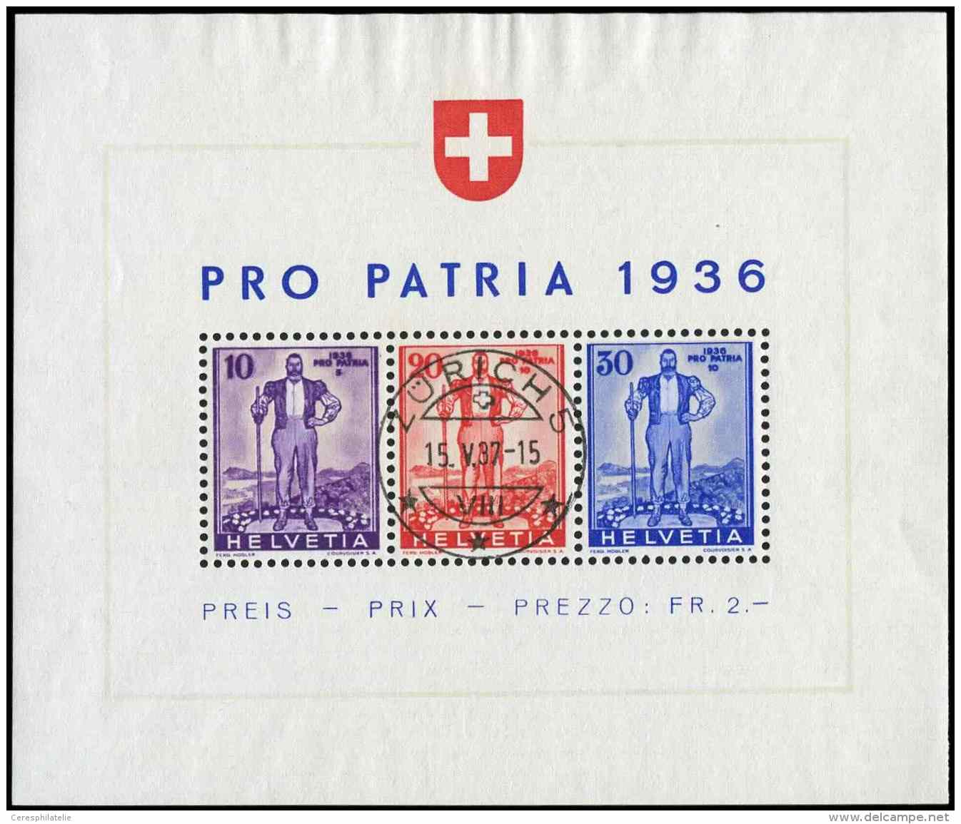 SUISSE BF 2 : Pro Patria 1936 Obl. C&agrave;d Zurich 15/5/37, TB - Sonstige & Ohne Zuordnung