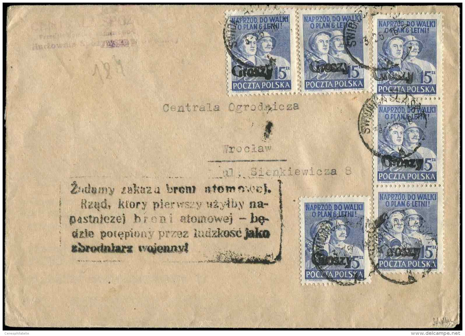 POLOGNE 582 : 15z. Bleu (5) Surch. GROSZY Obl. S. Env. Avec Tampon 5 Lignes Contre L'utilisation De L'arme Atomique, TB. - Other & Unclassified