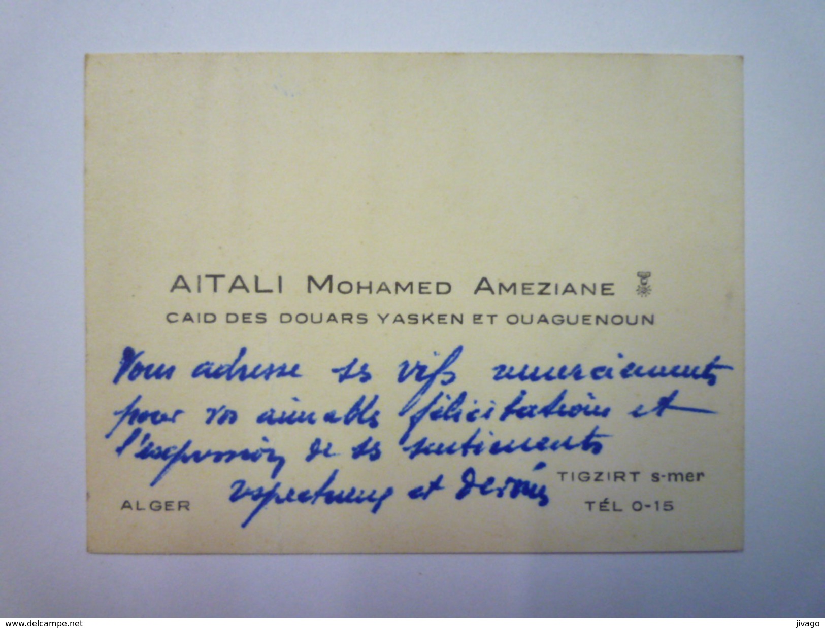 ALGERIE  -  CARTE De VISITE D'AITALI  Mohamed Ameziane  CAÏD Des Douars  Yasken Et Ouaguenoun  - Cartes De Visite