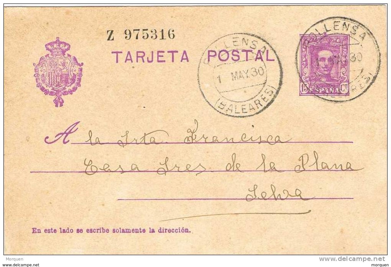 23016. TC 0139. Entero Postal POLLENSA (Baleares) 1930. Alfonso XIII. Num 57naa - 1850-1931