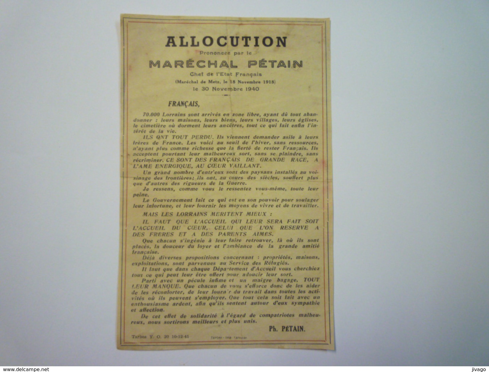 TRACT De L'ALLOCUTION Prononcée Par Le Maréchal  PETAIN  Le 30 Novembre  1940  X - Altri & Non Classificati