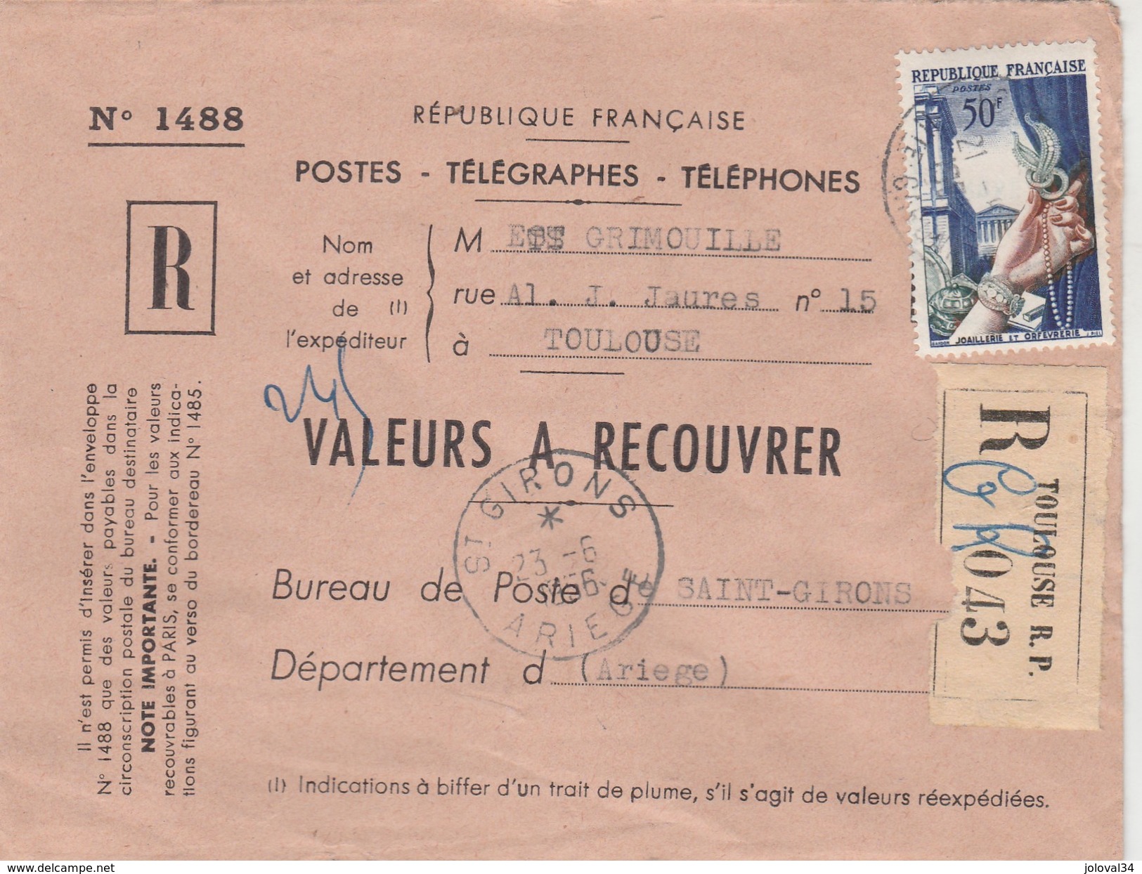 Yvert 973 Joaillerie Seul Sur Lettre Recommandée Valeurs Recouvrer TOULOUSE Haute Garonne 23/6/1956 - Briefe U. Dokumente