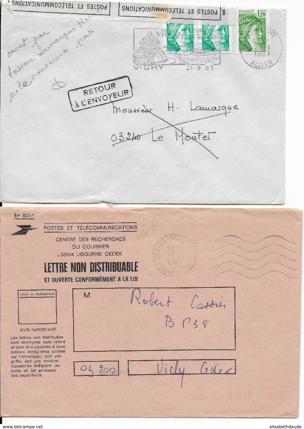 1981 - RETOUR à L'ENVOYEUR - ENVELOPPE De VICHY (ALLIER) OUVERTE Par Les PTT Dans ENVELOPPE Du CENTRE Des RECHERCHES - 1961-....