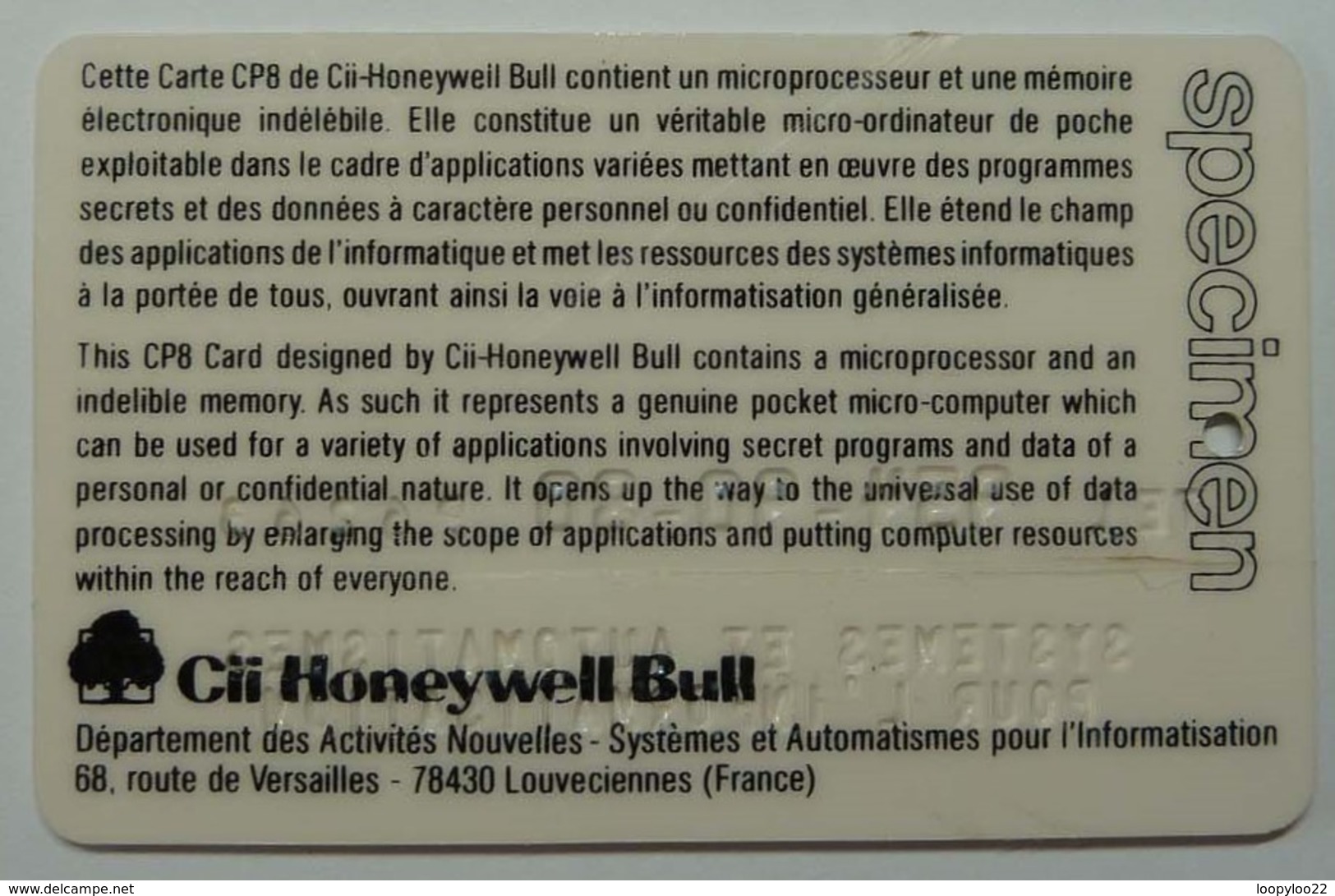 FRANCE - Bull - Smart Card - Early CP8 - Specimen Demo - Embossed Text - Autres & Non Classés