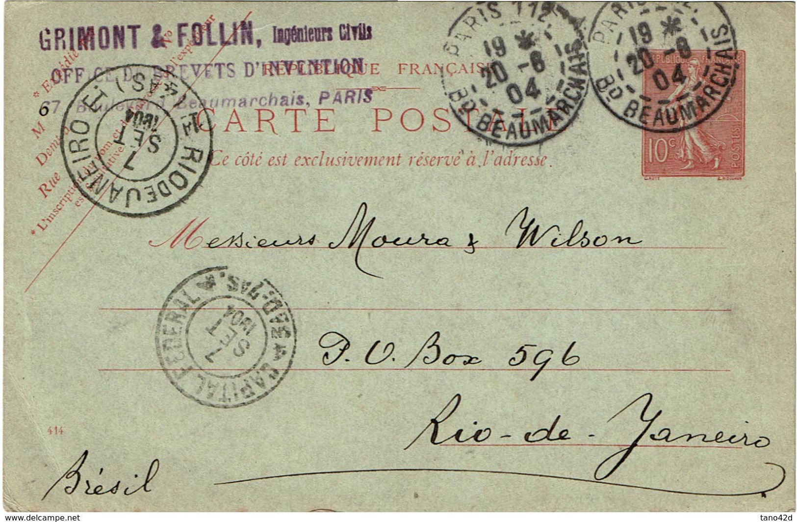 CTN46 - CP SEMEUSE LIGNEE PARIS / RIO DE JANEIRO 20/8/1904 - Standard Postcards & Stamped On Demand (before 1995)