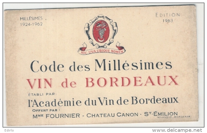 Carte Des Millesimes Des Vins   1963 Academie De Bordeaux TB - Vins Alcool Publicité - Autres & Non Classés