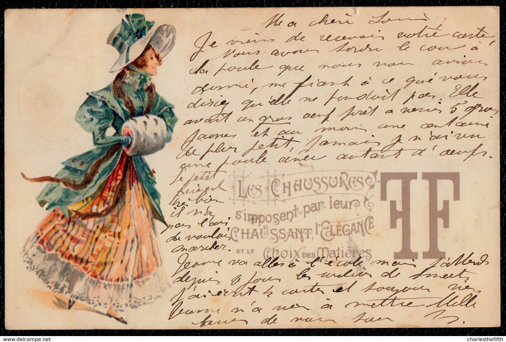 SUPERB VICTORIAN CARD " LES CHAUSSURES FF " SUPERBE CARTE VICTORIENNE - MODE - SHOE - CHAUSSURE - ELEGANT LADY - Avant 1900