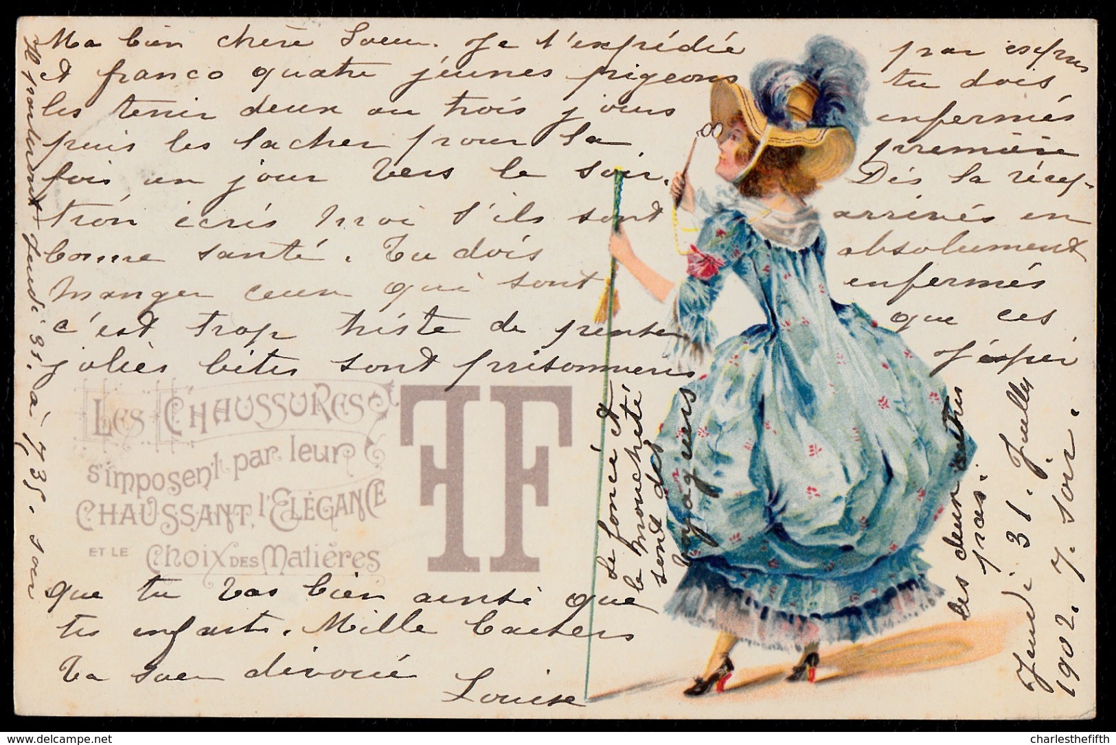 SUPERB VICTORIAN CARD " LES CHAUSSURES FF " SUPERBE CARTE VICTORIENNE - MODE - SHOE - CHAUSSURE - ELEGANT LADY Lunettes - Avant 1900