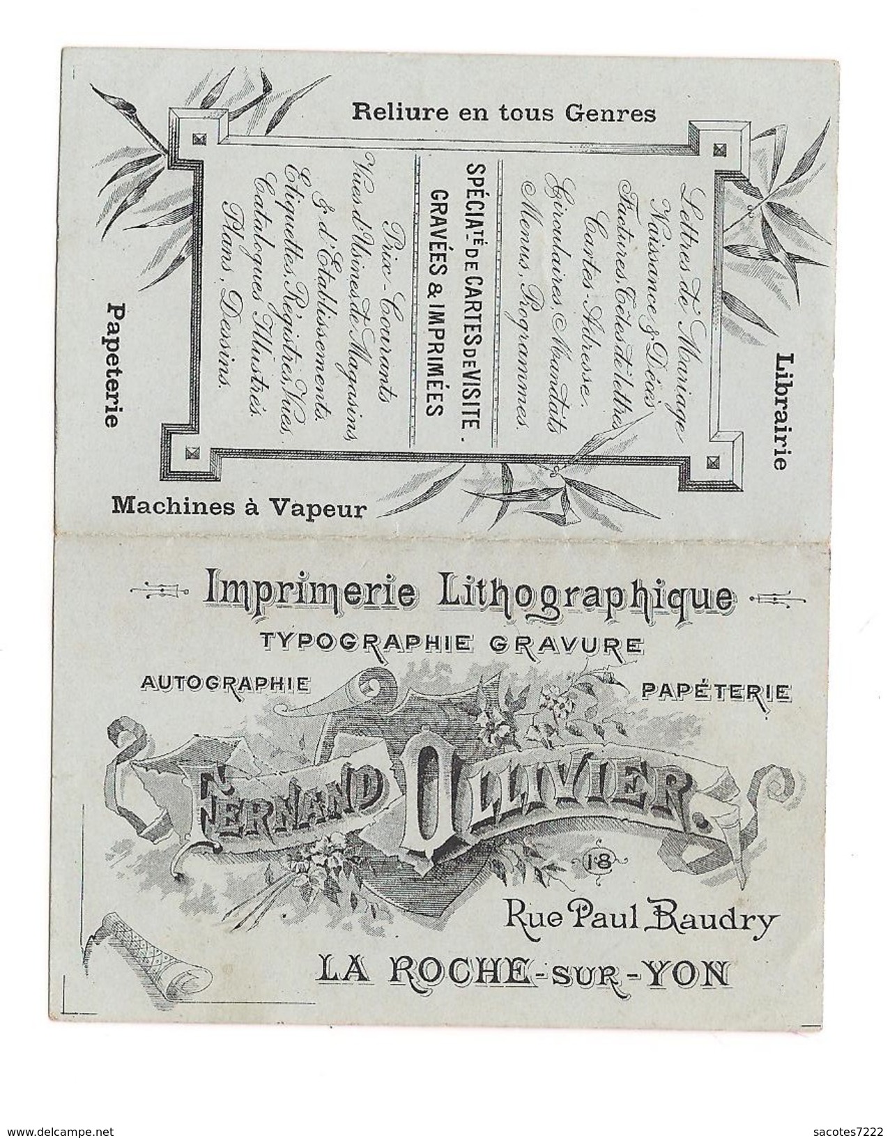 RARE ET TRES BON  ETAT CALENDRIER 1899 - F.OLLIVIER LA ROCHE Sur YON  - Imprimerie Lithographie - - Petit Format : ...-1900