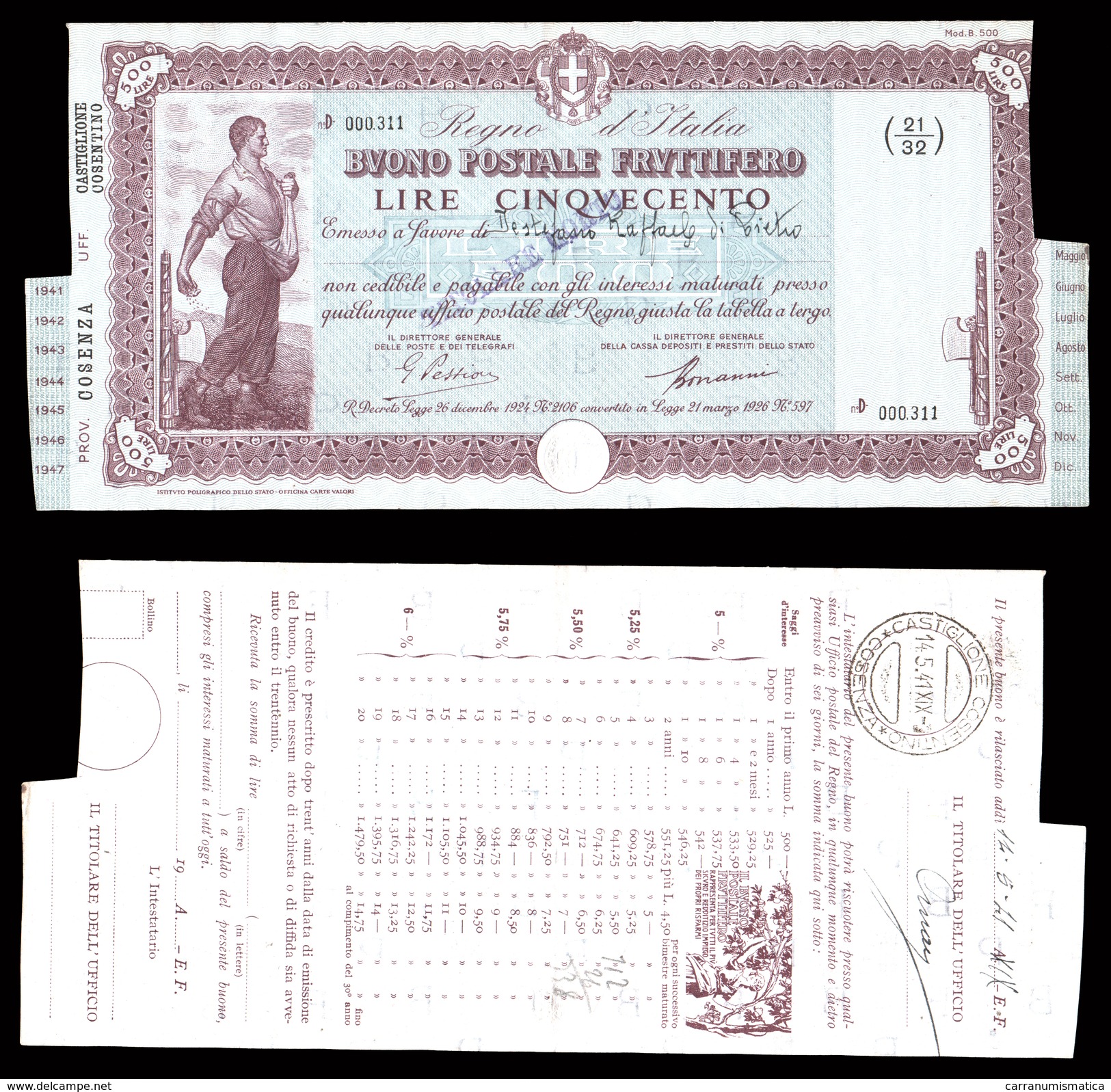 [NC] BUONO POSTALE FRUTTIFERO 500 LIRE 1941 REGNO D'ITALIA (nc1646) - Altri & Non Classificati