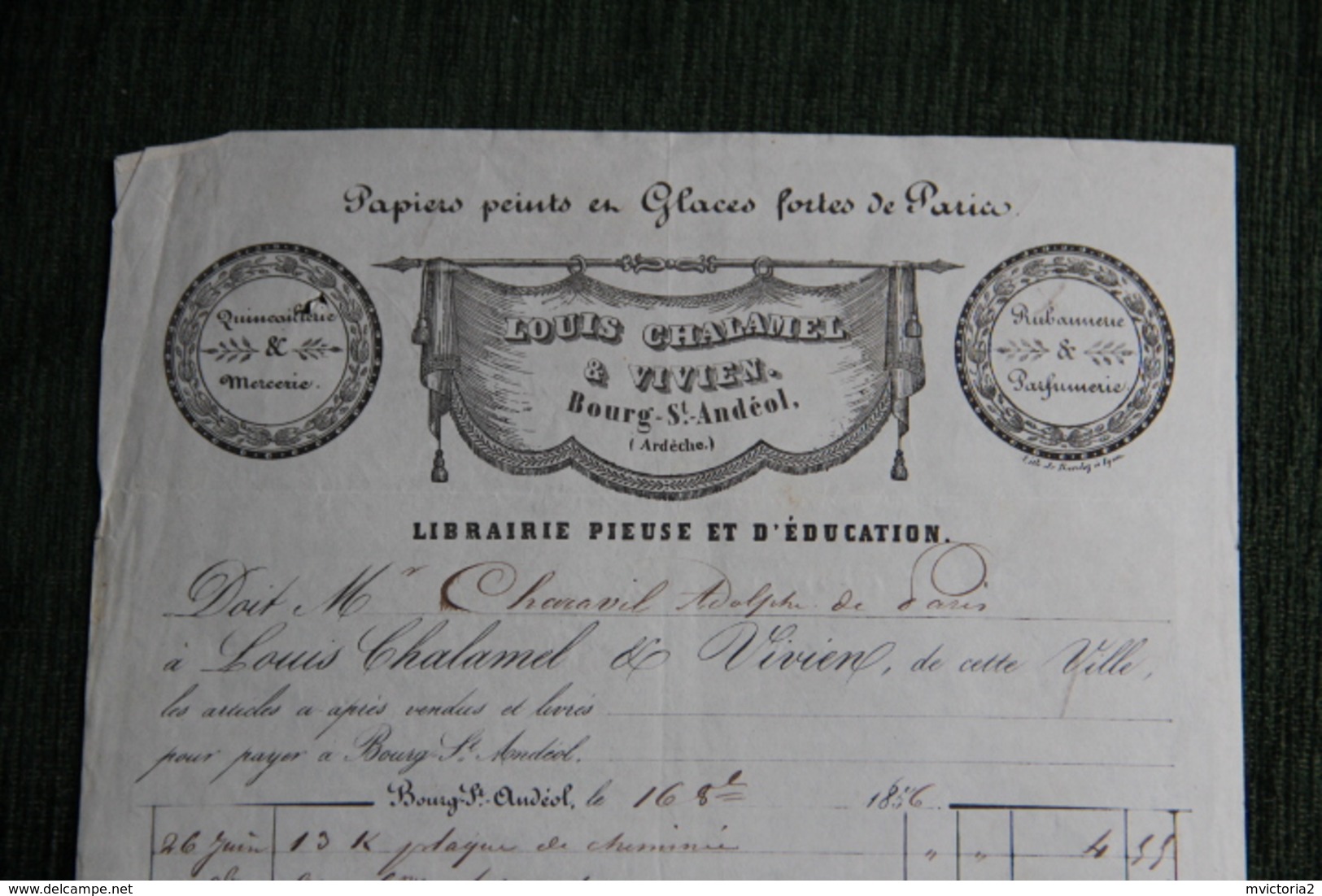 Facture Ancienne  - BOURG ST ANDEOL - Librairie Pieuse Et D'Education, Louis CHALAMEL Et VIVIEN - 1800 – 1899