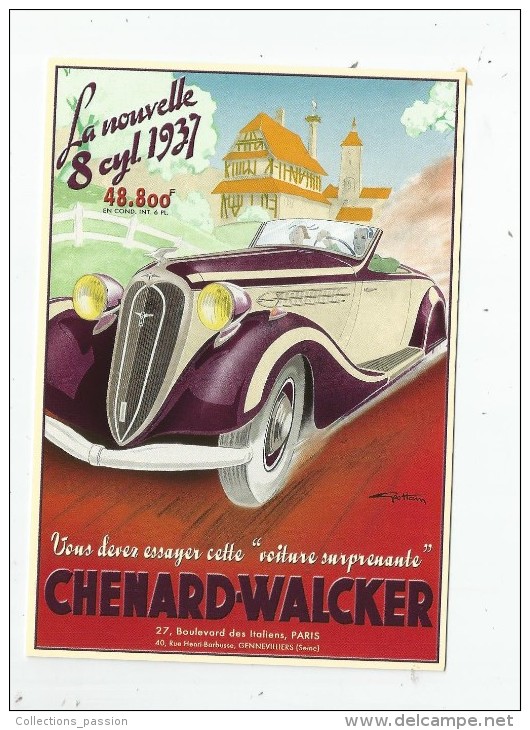 Cp , Collection LES ANCÊTRES DE L´AUTOMOBILE , Vierge  , CHENARD-WALCKER , La Nouvelle 8 Cyl. 1937 - Voitures De Tourisme