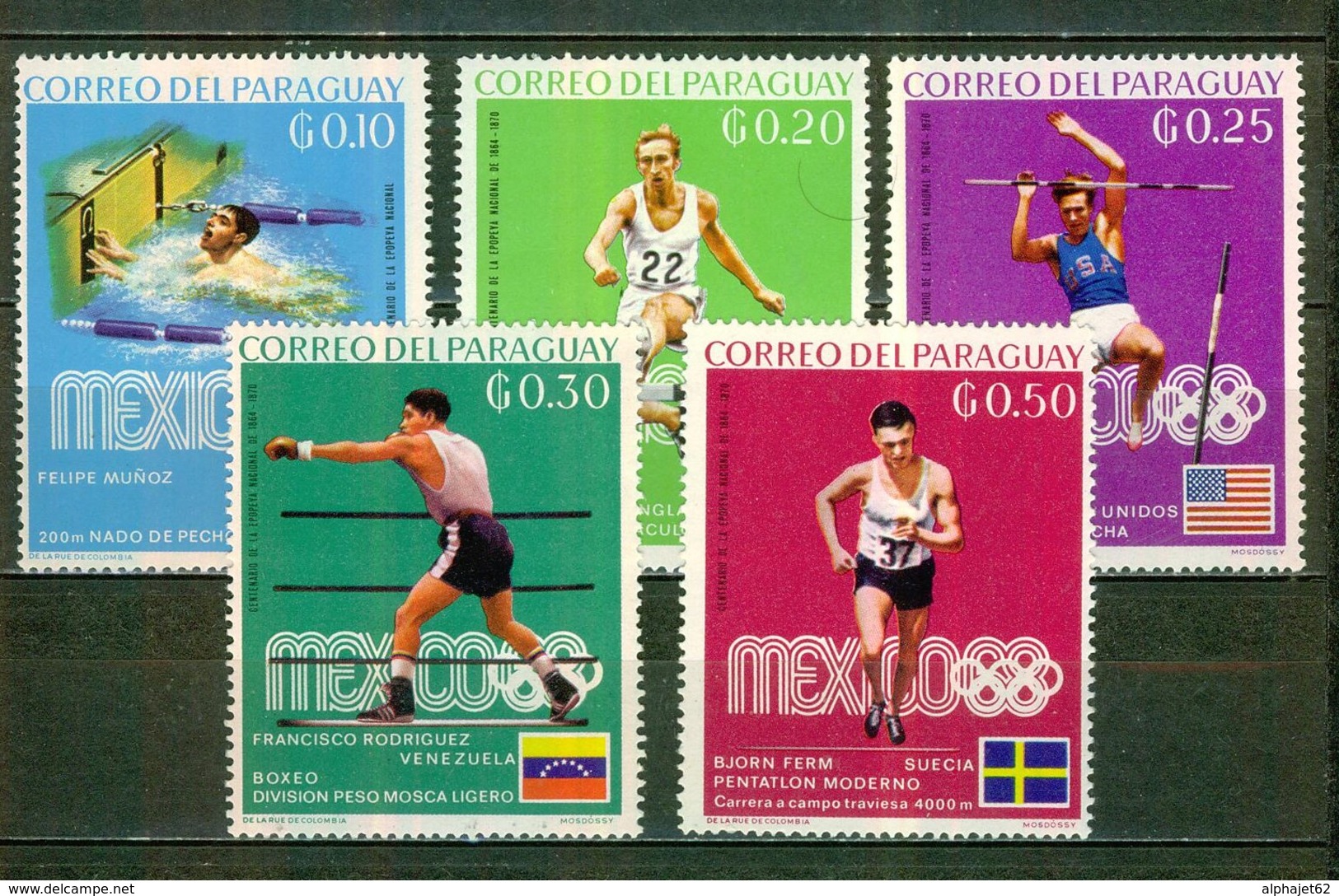 Jeux Olympiques Mexico 1968 - PANAMA - Sports: Natation, Steeple, Saut à La Perche, Boxe, Penhathlon Moderne -1969 - Paraguay
