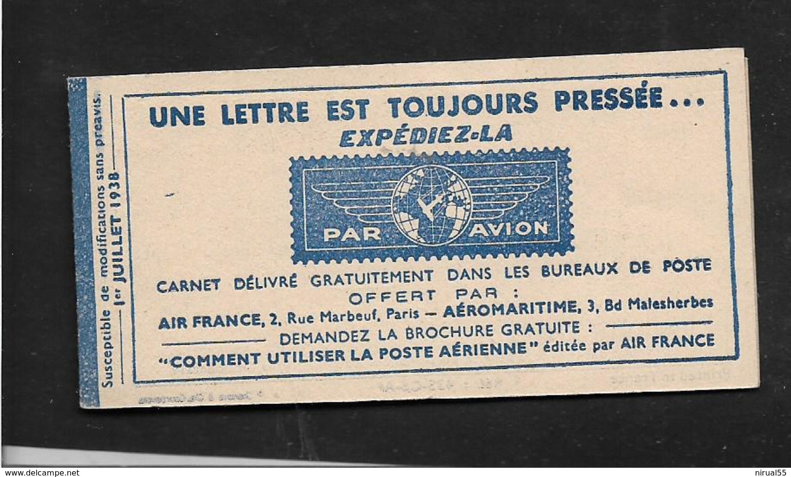 Erinnophilie AIR FRANCE Carnet De 10 Vignettes PAR AVION Complet Neuf Daté 1.7.1938  ...G - Aviation