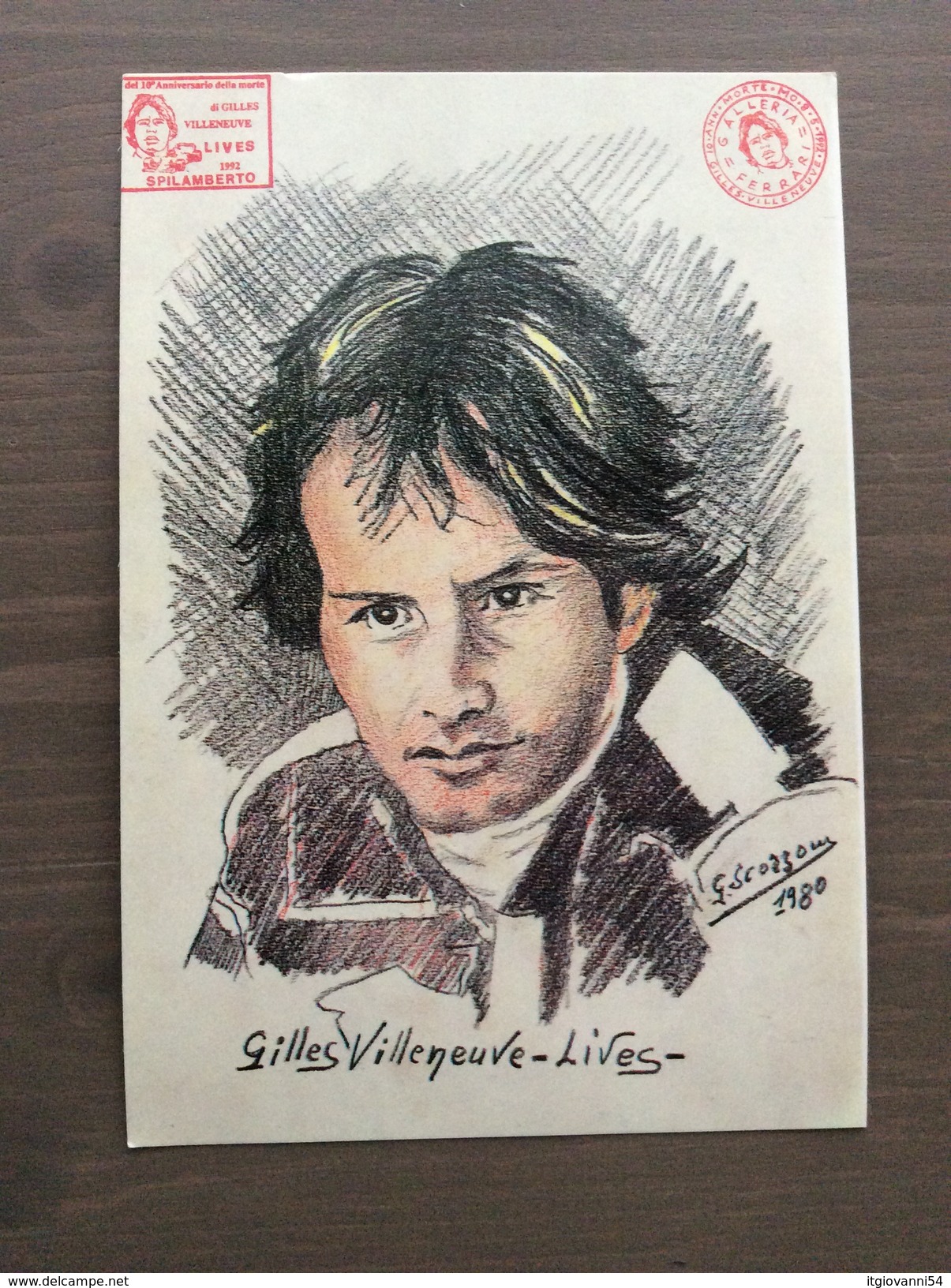 Cartolina In Bianco Del 1993 "Gilles Villeneuve Lives", Da Un Disegno Di Giuseppe Scorzoni Del 1980 - Grand Prix / F1