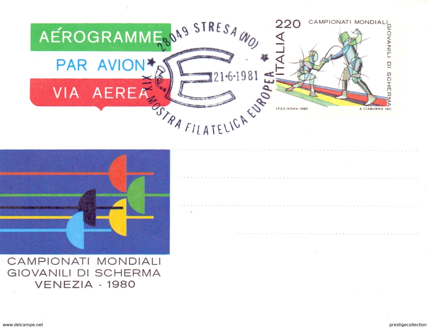 STRESA (NO) MOSTRA FILATELICA EUROPEAN AEROGRAMME WORD CHAMPIONSHIP VENEZIA 1981 (GEN170058) - Scherma