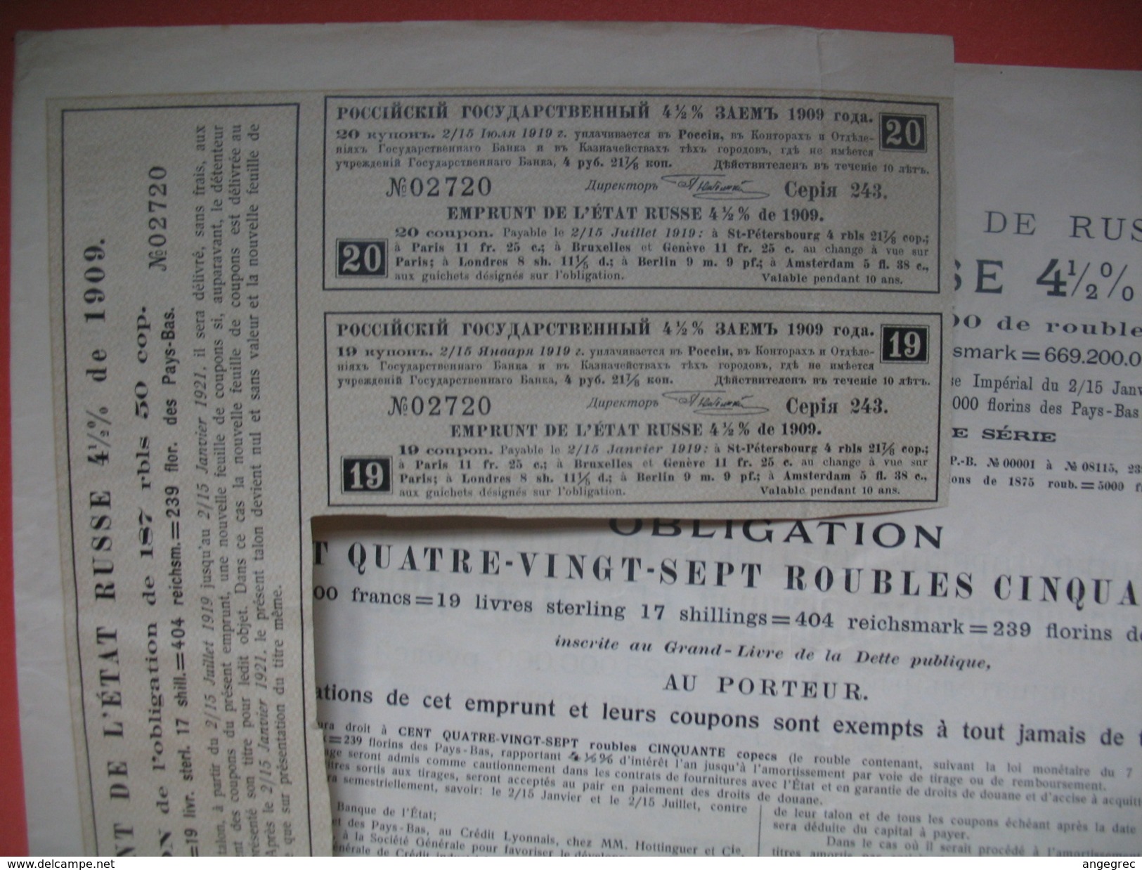 Emprunt De L'Etat Russe De 4 1/2 % De 1909, N°  07514 / 02720 - Russia