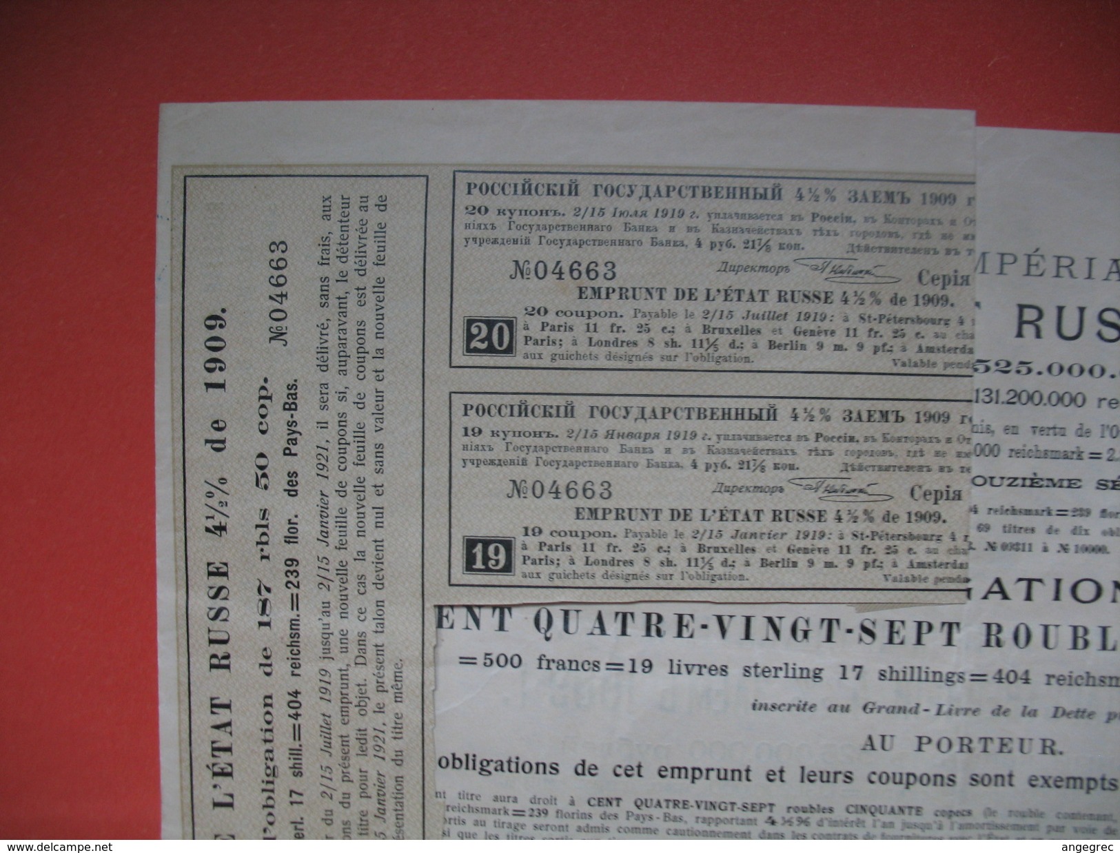 Emprunt De L'Etat Russe De 4 1/2 % De 1909, N°  02993 / 04663 - Russland