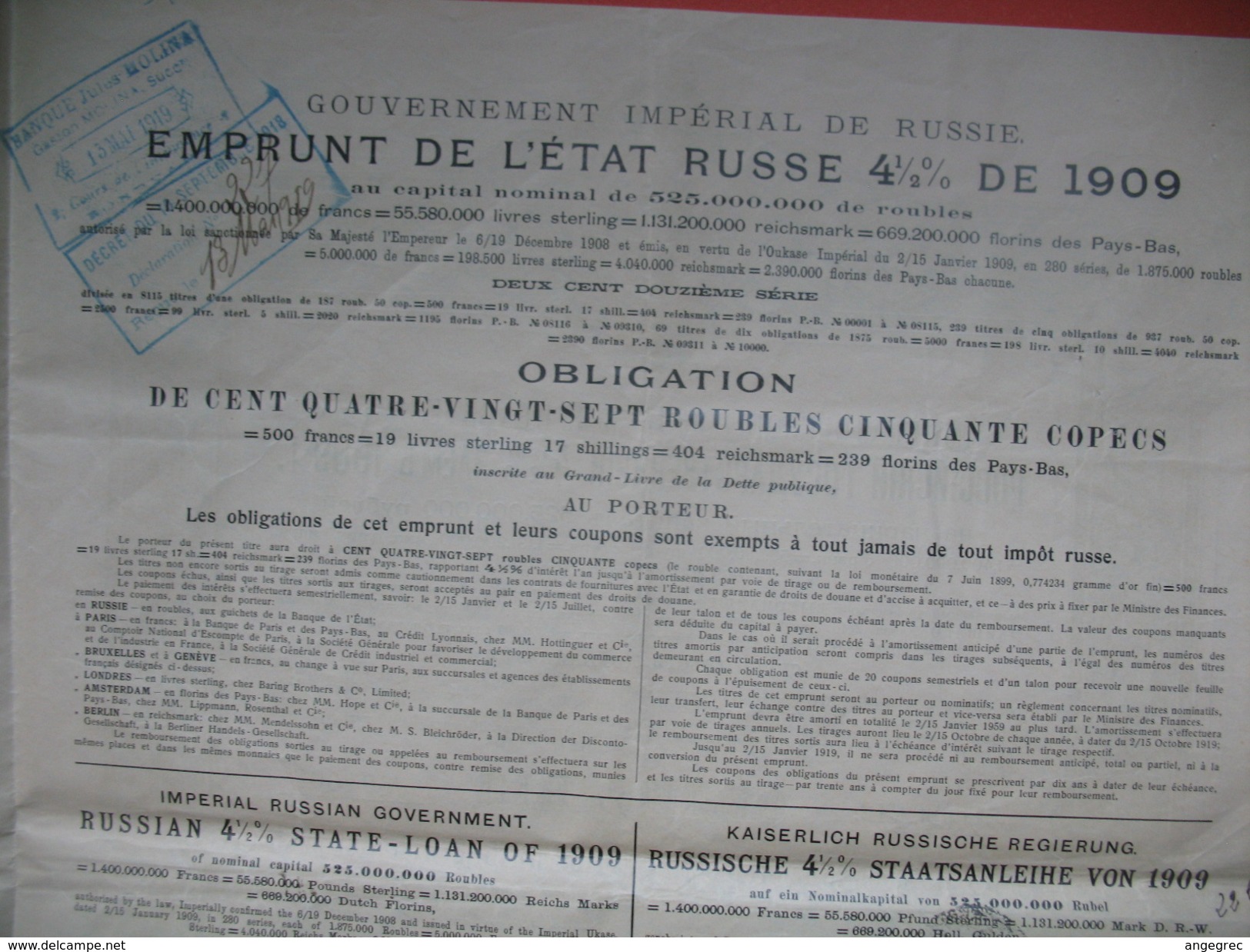 Emprunt De L'Etat Russe De 4 1/2 % De 1909, N°  02993 / 04663 - Russie