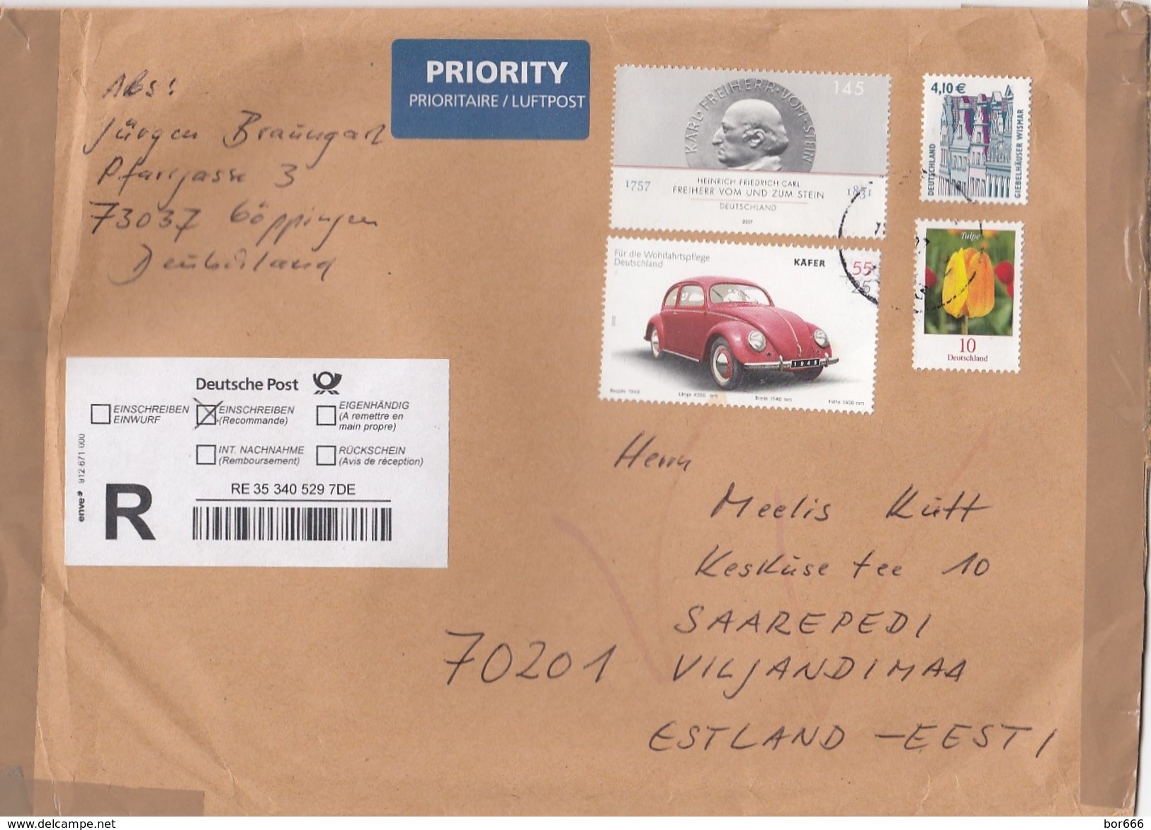 GOOD GERMANY " REGISTERED " Postal Cover To ESTONIA 2017 - Good Stamped: Car / Käfer ; Stein ; Wismar - Covers & Documents