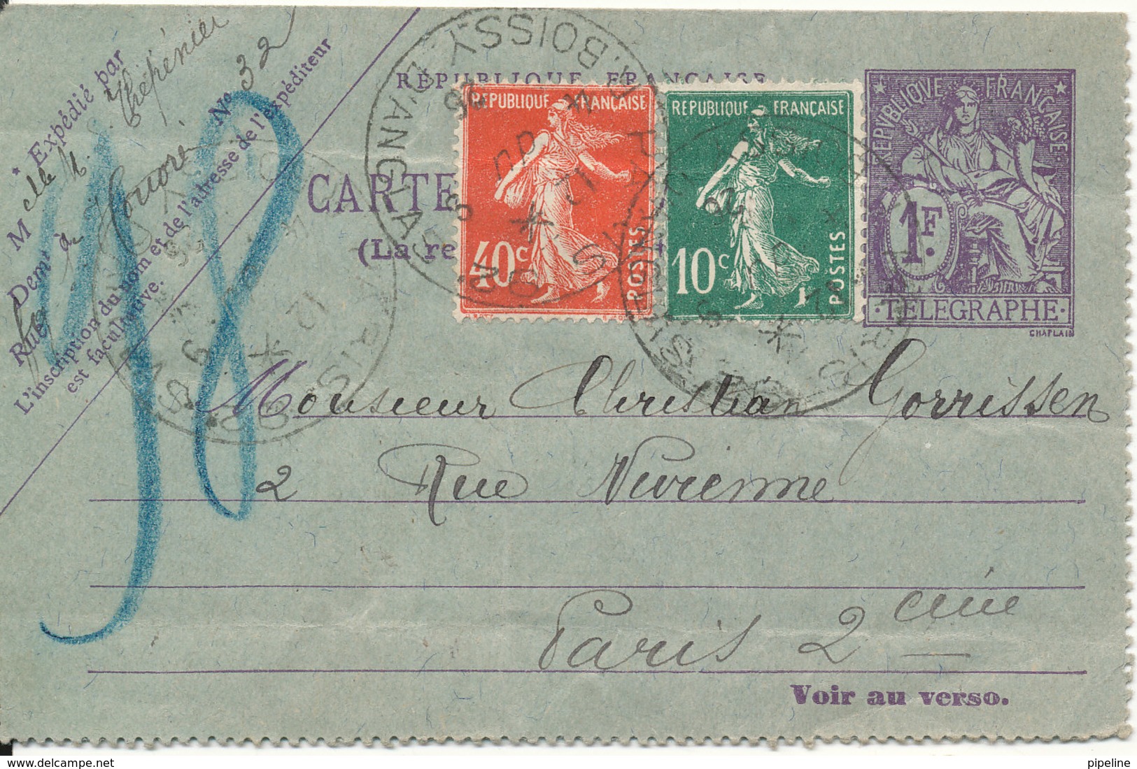 France Carte Pneumatiques Uprated Telegraphe And Sent 1926 - Pneumatische Post