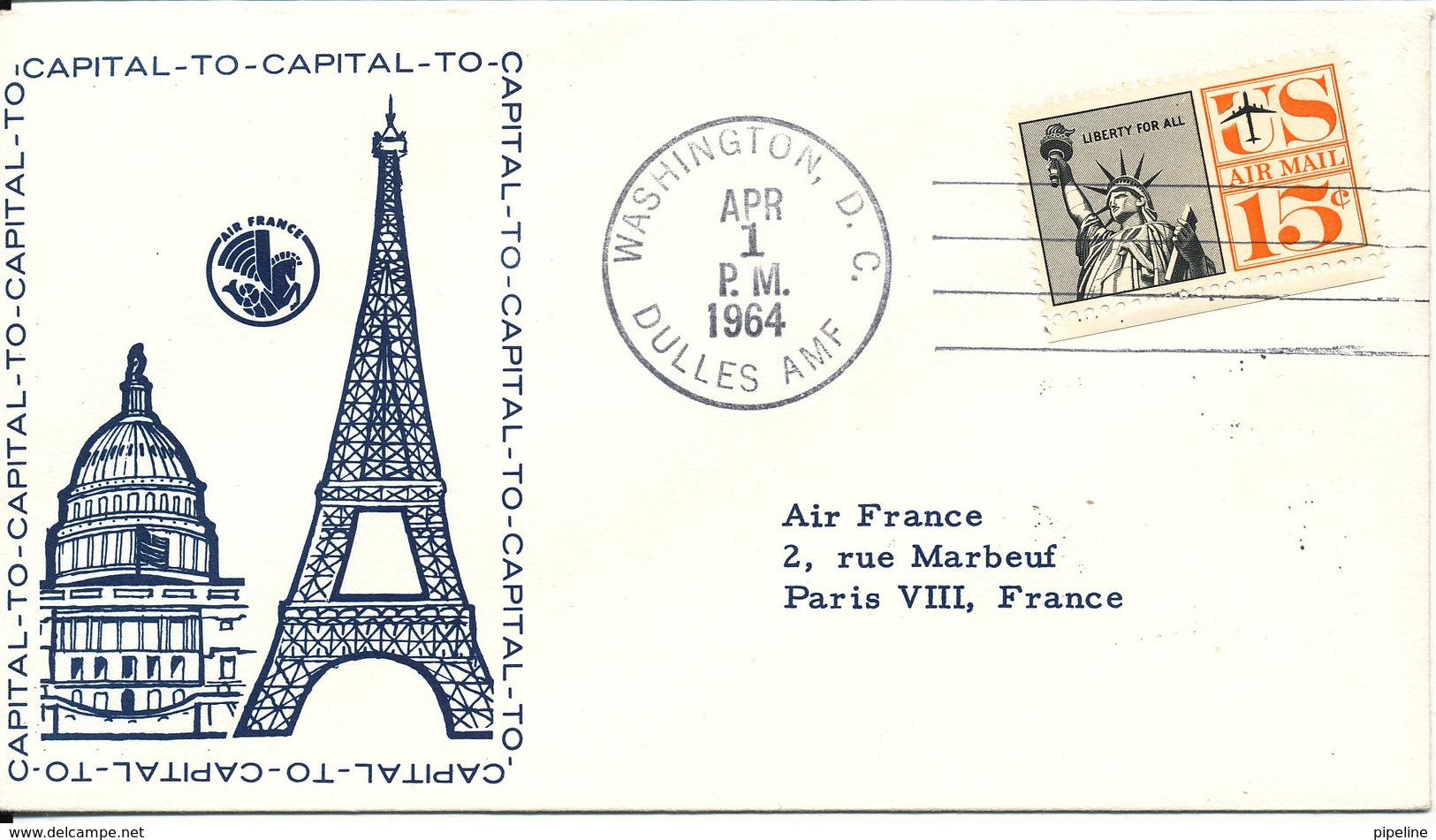 USA First Flight Cover Capital To Capital Air France Inaugural Jet Flight Washington - New York - Paris 1-4-1964 - Covers & Documents