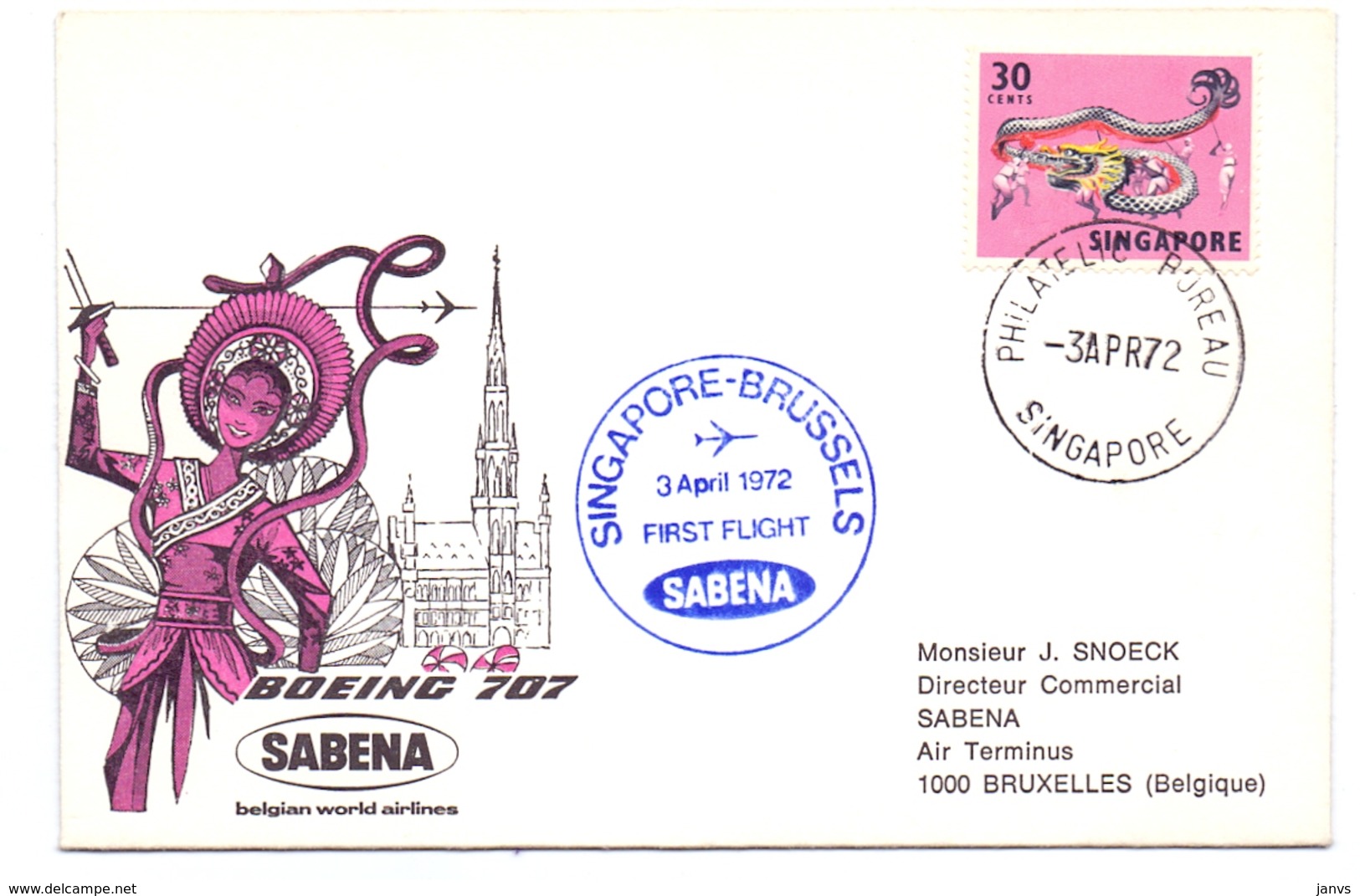 Enveloppe - Pub / Reclame Sabena Eerste Vlucht Premier Vol Singapore Brussels 03.04.1972 - Avion Boeing 707 - Singapour (1959-...)