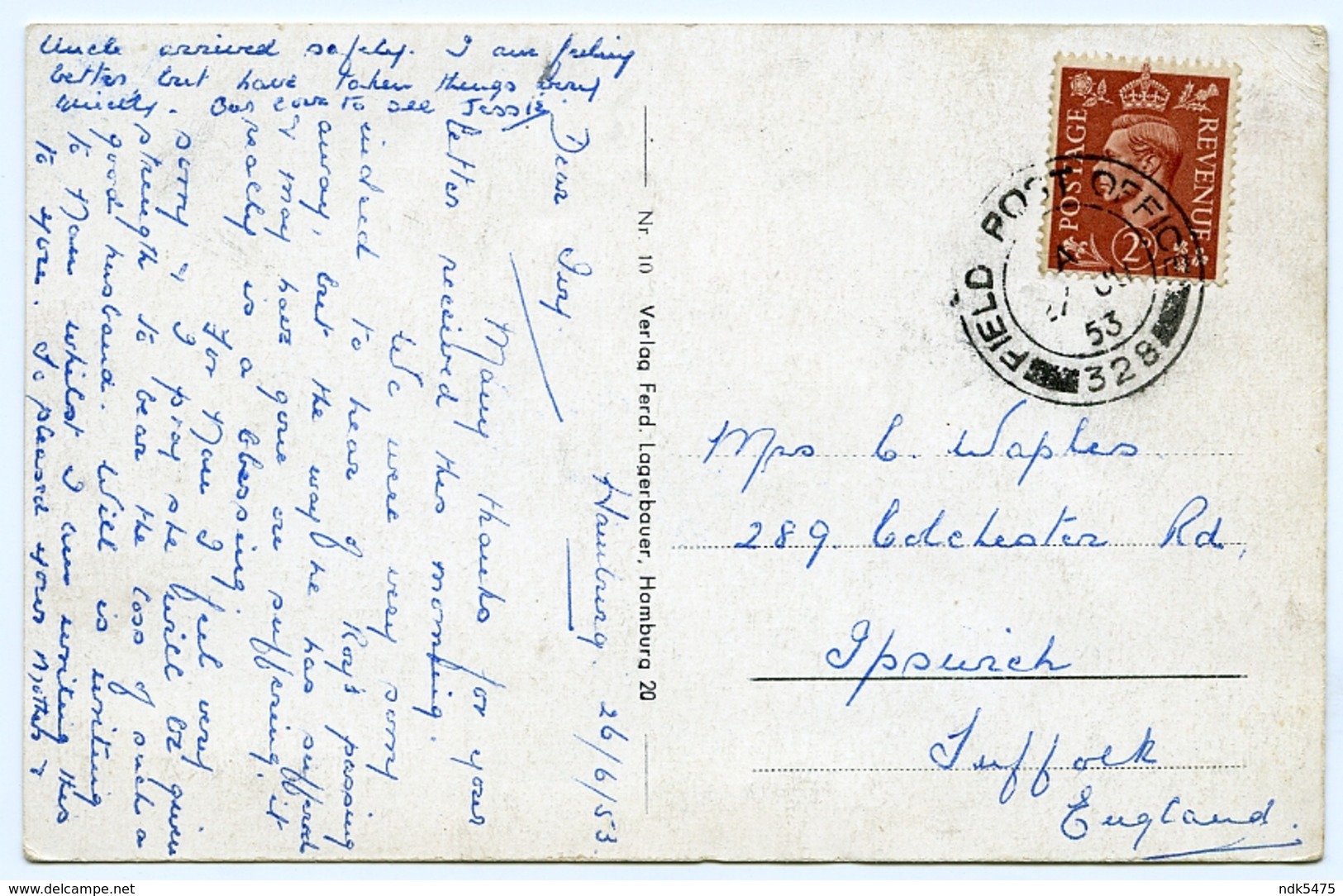 ALLEMAGNE : LAUENBURG - ELBE / POSTMARK - FIELD POST OFFICE 328 / ADDRESS - IPSWICH, COLCHESTER ROAD - Lauenburg