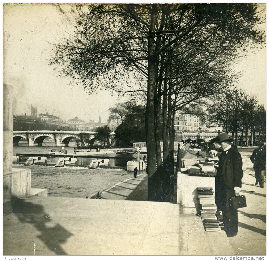 France Paris La Seine Bouquinistes Sur Les Quais Ancienne Photo Stereo SIP 1900 - Stereoscoop