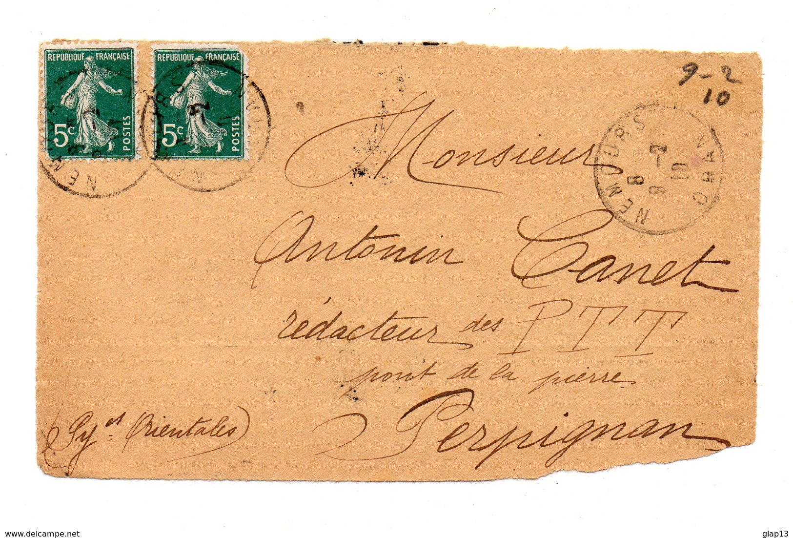 DEVANT D'ENVELOPPE DE NEMOURS POUR PERPIGNAN DU 09/02/1910 - Other & Unclassified