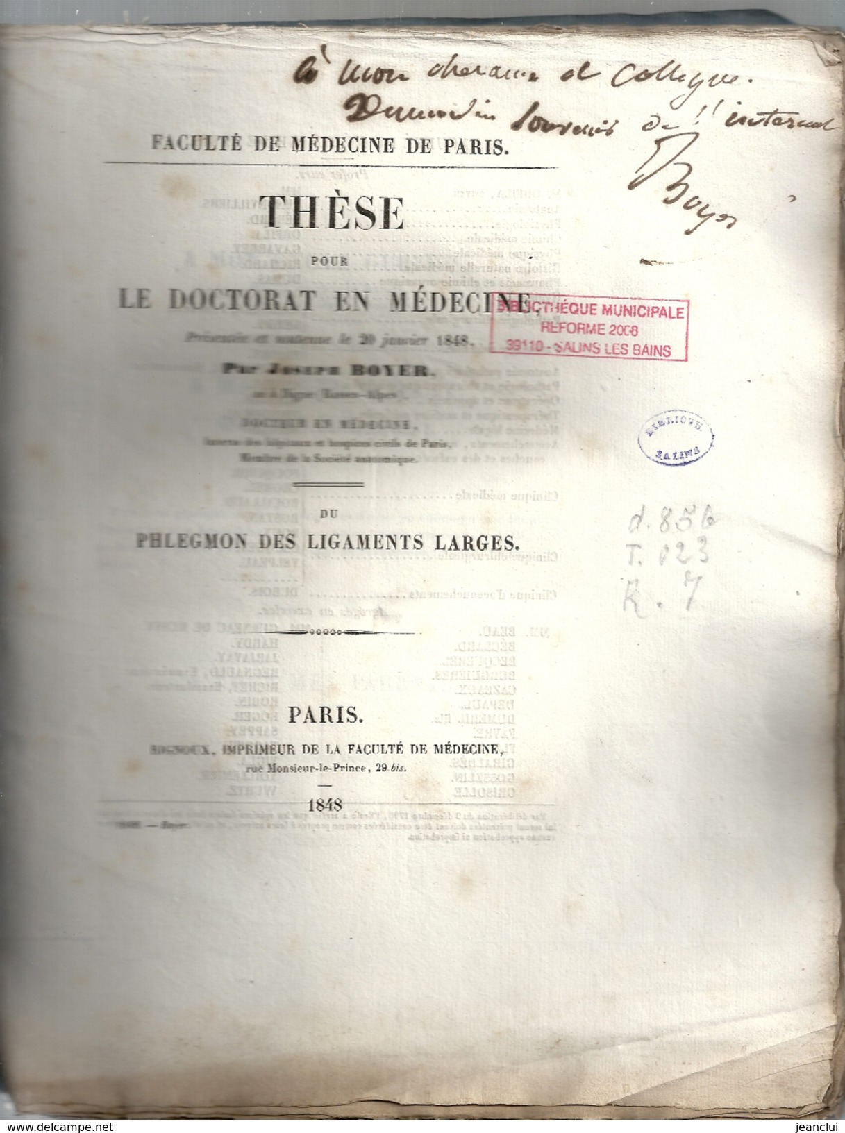 These De Medecine Presente Par" Joseph BOYER "  Ne A DIGNE Du " PHLEGMON DES LIGAMENTS LARGES " Du 20 JANV 1848 - Diplômes & Bulletins Scolaires