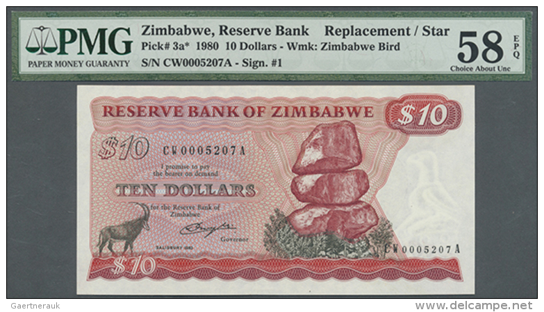 Zimbabwe: 10 Dollasr 1980 P. 3a With Replacement Prefix "CW", PMG Graded 58 Choice About UNC. (D) - Zimbabwe