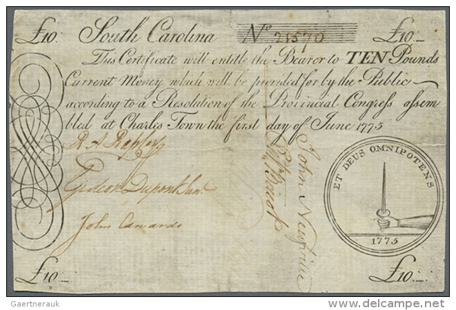 Colonial Currency, South Carolina 10 Pounds June 1st 1775 P. NL, Fr. #SC99, Used With Folds, Stronger Vertical And... - Other & Unclassified